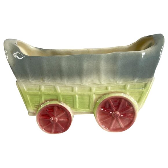 Vintage Shawnee Pottery Large Covered Wagon Planter 7” Blue Green 8 Spoke - Picture 1 of 7
